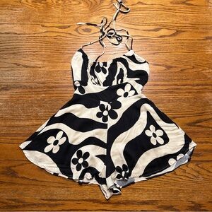 Urban Outfitters Black and Cream Geometric Flower Print Short Romper summer